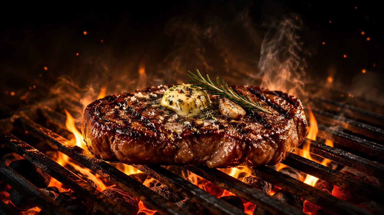 Steak mit Kräuterbutter auf dem Grillrost über glühender Kohle